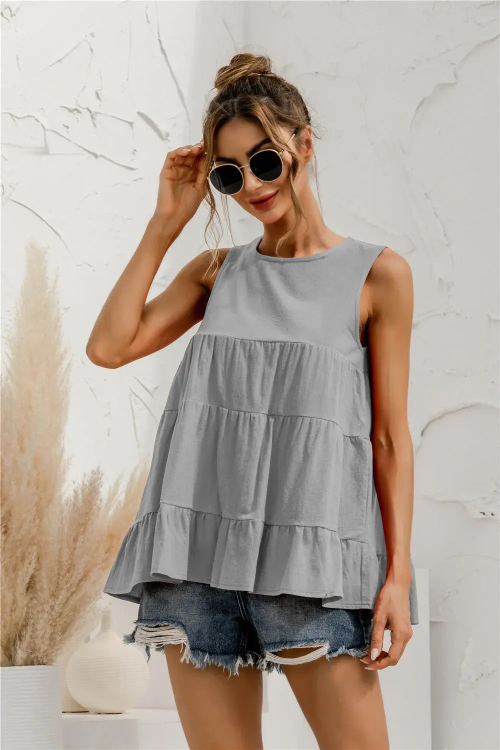 Round Neck Tiered Tank - Trendsi - Flyclothing LLC