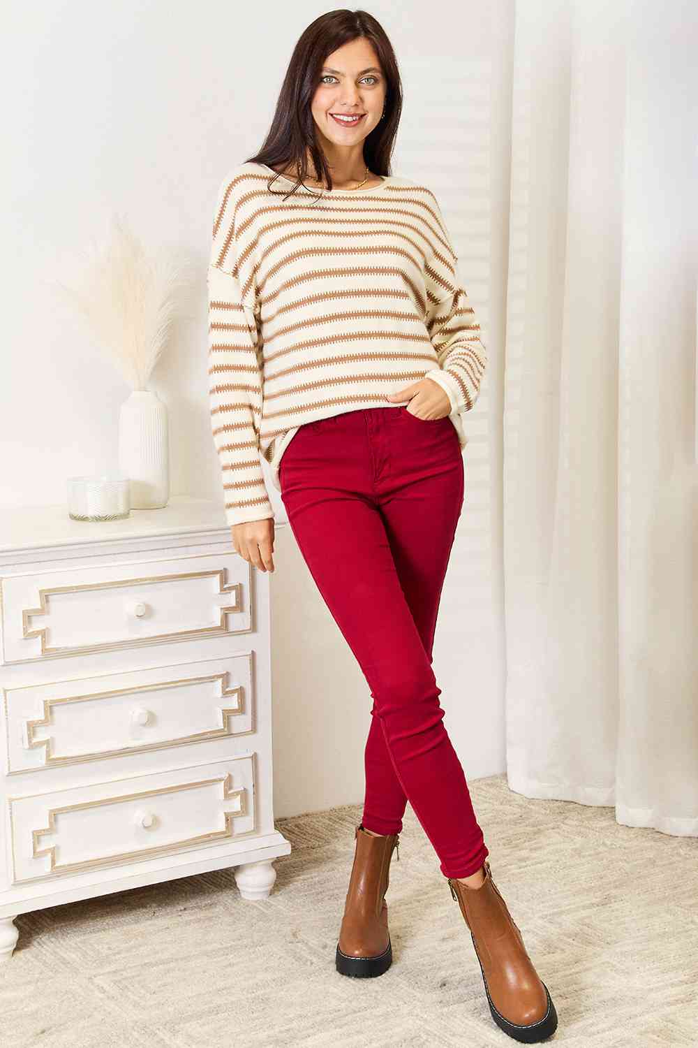 Double Take Striped Boat Neck Sweater - Trendsi - Flyclothing LLC