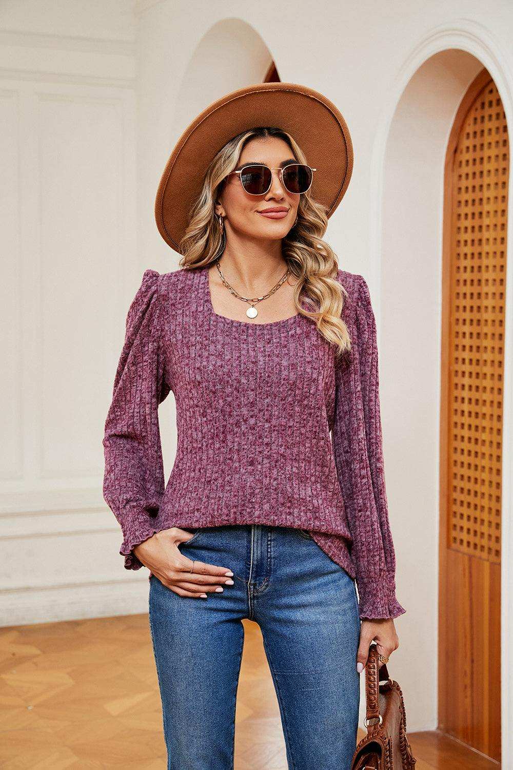 Square Neck Puff Sleeve Top - Trendsi - Flyclothing LLC