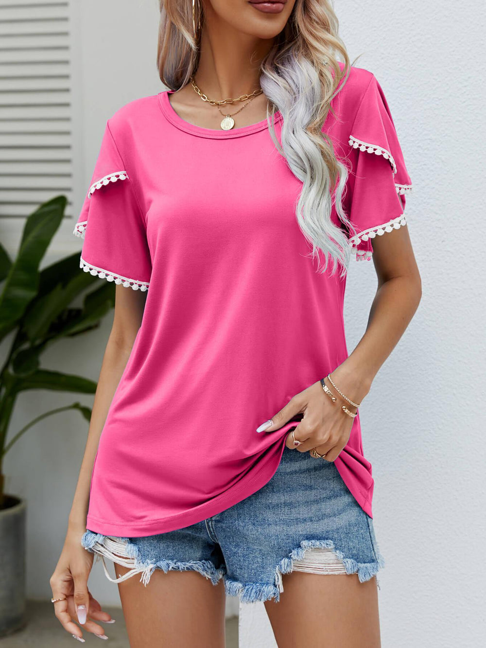 Pom-Pom Trim Flutter Sleeve Round Neck Tee - Trendsi