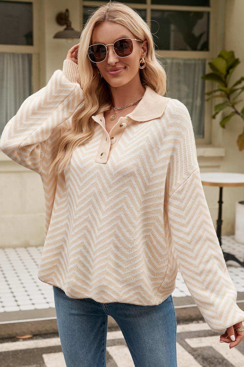 Striped Collared Neck Buttoned Pullover Sweater - Trendsi - Flyclothing LLC