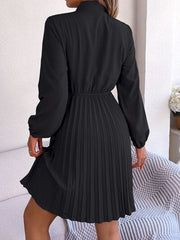 Tie Neck Balloon Sleeve Pleated Dress - Trendsi
