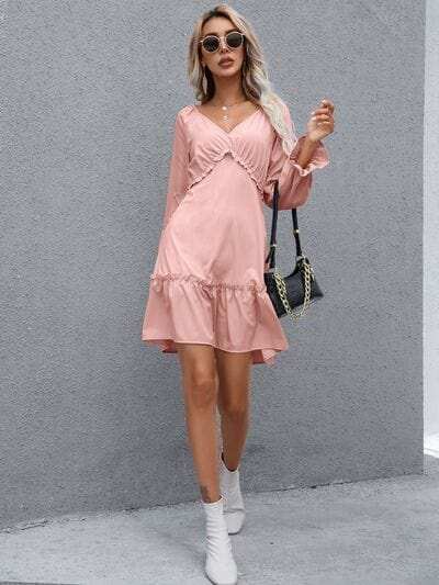 Frill V-Neck Flounce Sleeve Ruffle Hem Dress - Trendsi - Flyclothing LLC