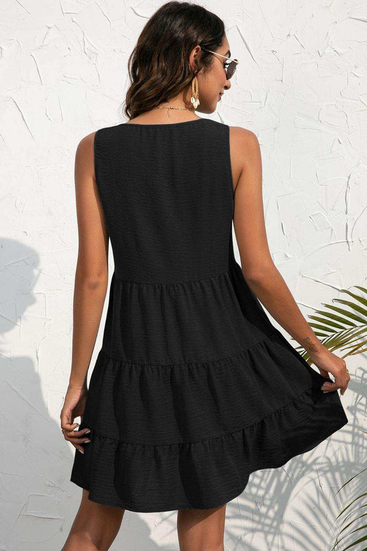 Decorative Button V-Neck Tiered Sleeveless Dress - Trendsi - Flyclothing LLC