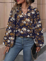 Floral Notched Balloon Sleeve Blouse - Trendsi - Flyclothing LLC
