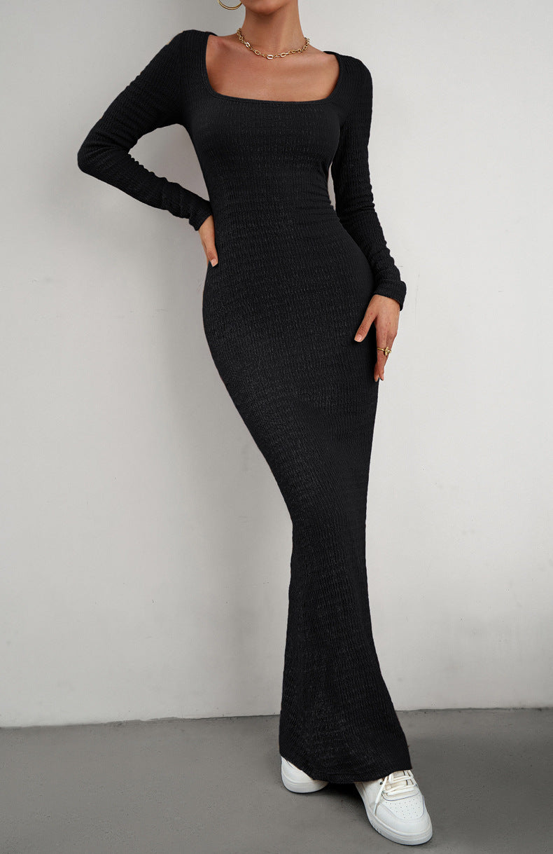 Long Sleeve Square Neck Maxi Bodycon Dress - Black / S
