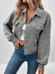 Houndstooth Collared Neck Button Up Jacket - Trendsi