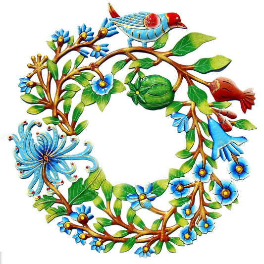 Blue Bird Door Wreath Haitian Metal Drum Wall Art - Haitian Artisans
