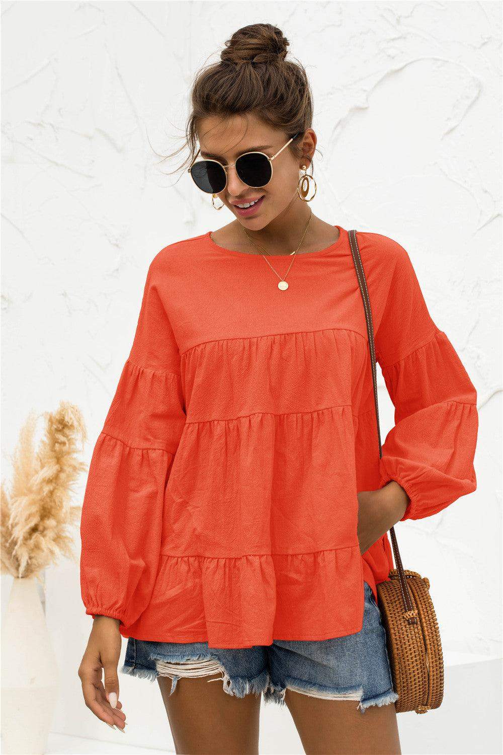 Round Neck Bubble Sleeve Tiered Blouse - Trendsi - Flyclothing LLC