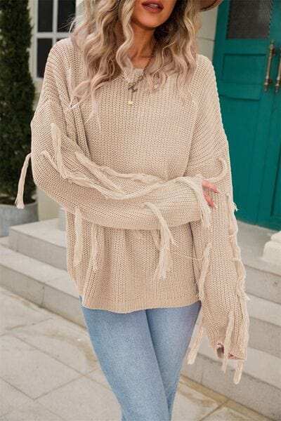 Fringe Round Neck Dropped Shoulder Sweater - Trendsi - Flyclothing LLC