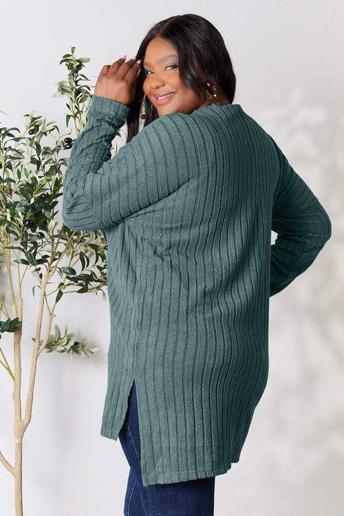 Basic Bae Full Size Ribbed Round Neck Long Sleeve Slit Top - Trendsi - Flyclothing LLC