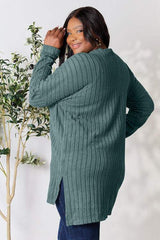Basic Bae Full Size Ribbed Round Neck Long Sleeve Slit Top - Trendsi - Flyclothing LLC