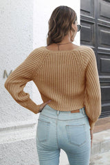 Cropped Round Neck Raglan Sleeve Ribbed Pullover Sweater - Trendsi