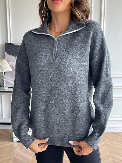 Half Zip Dropped Shoulder Sweater - Trendsi - Flyclothing LLC