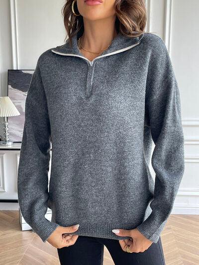 Half Zip Dropped Shoulder Sweater - Trendsi