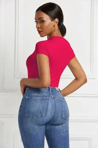 Round Neck Short Sleeve Bodysuit - Trendsi - Flyclothing LLC