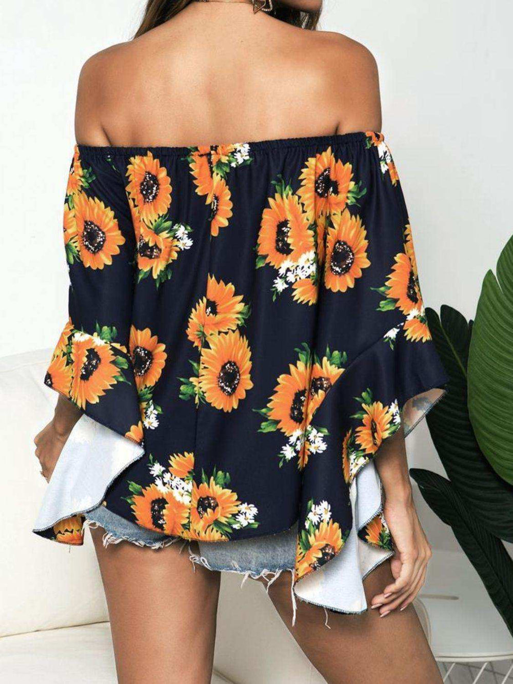 Floral Print Off-Shoulder Flounce Sleeve Blouse - Trendsi - Flyclothing LLC