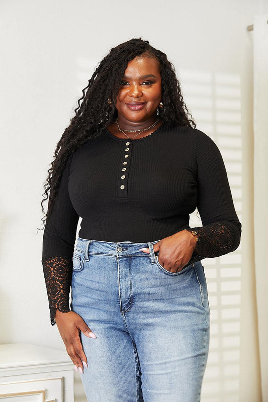 Double Take Crochet Lace Hem Sleeve Button Top - Trendsi