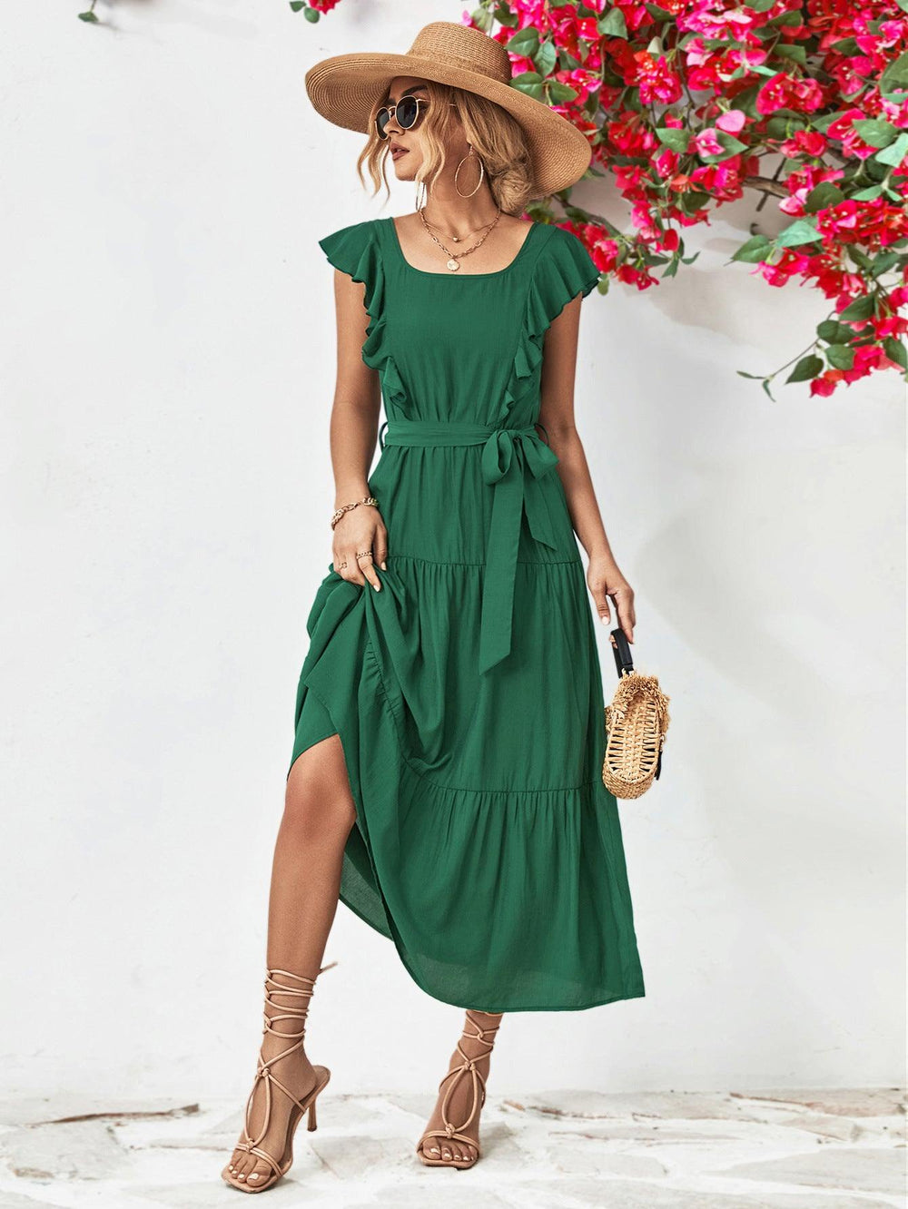 Tie Belt Ruffled Tiered Dress - Trendsi