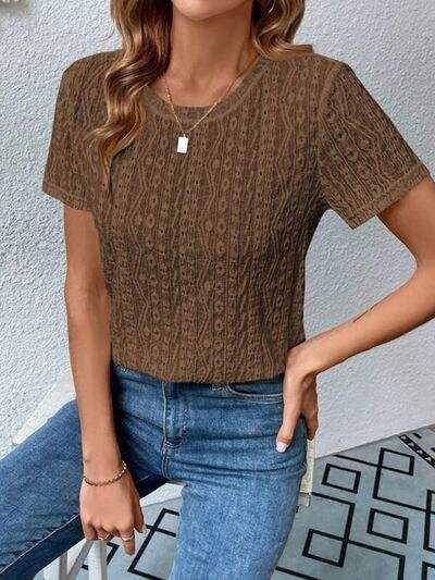 Eyelet Round Neck Short Sleeve T-Shirt - Trendsi - Flyclothing LLC