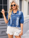 Distressed Raw Hem Button Up Denim Jacket - Trendsi
