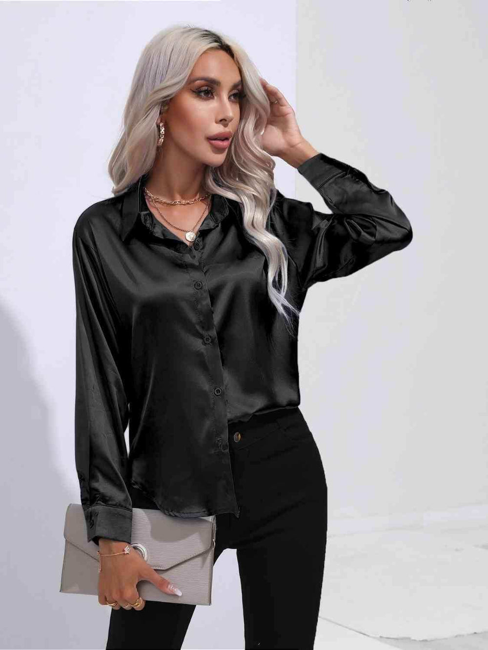 Collared Neck Buttoned Long Sleeve Shirt - Trendsi - Flyclothing LLC