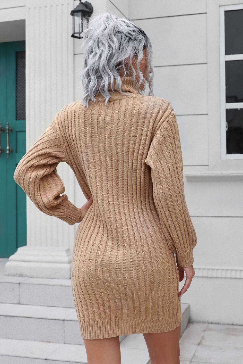 Ribbed Turtle Neck Long Sleeve Mini Sweater Dress - Trendsi