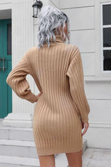 Ribbed Turtle Neck Long Sleeve Mini Sweater Dress - Trendsi