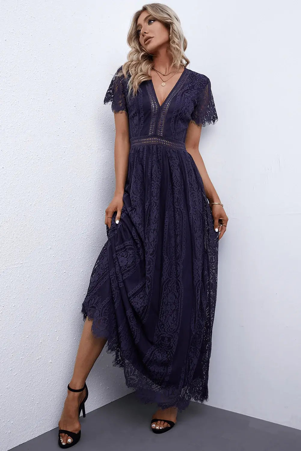 Scalloped Trim Lace Plunge Dress - Trendsi - Flyclothing LLC
