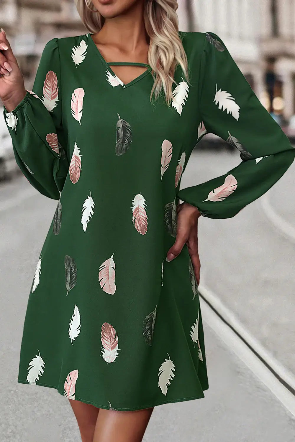 Feather Print V-Neck Dress - Trendsi - Flyclothing LLC