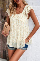 Printed Square Neck Cap Sleeve Blouse - Trendsi - Flyclothing LLC