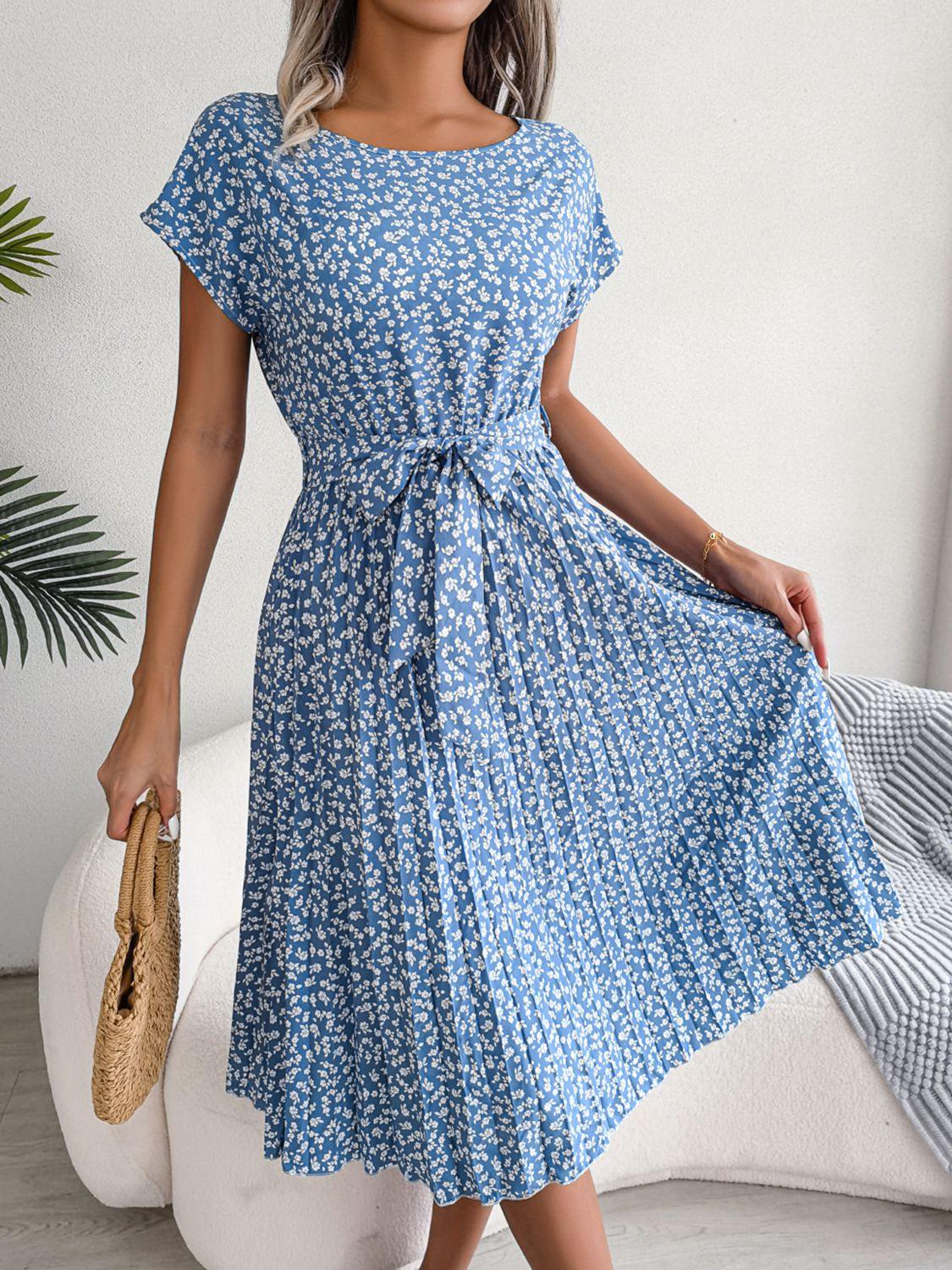 Ditsy Floral Pleated Belted Dress - Trendsi