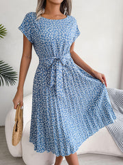 Ditsy Floral Pleated Belted Dress - Trendsi