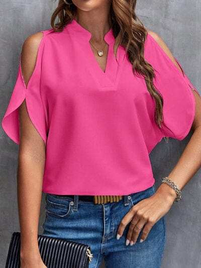 Notched Cold Shoulder Blouse - Trendsi - Flyclothing LLC