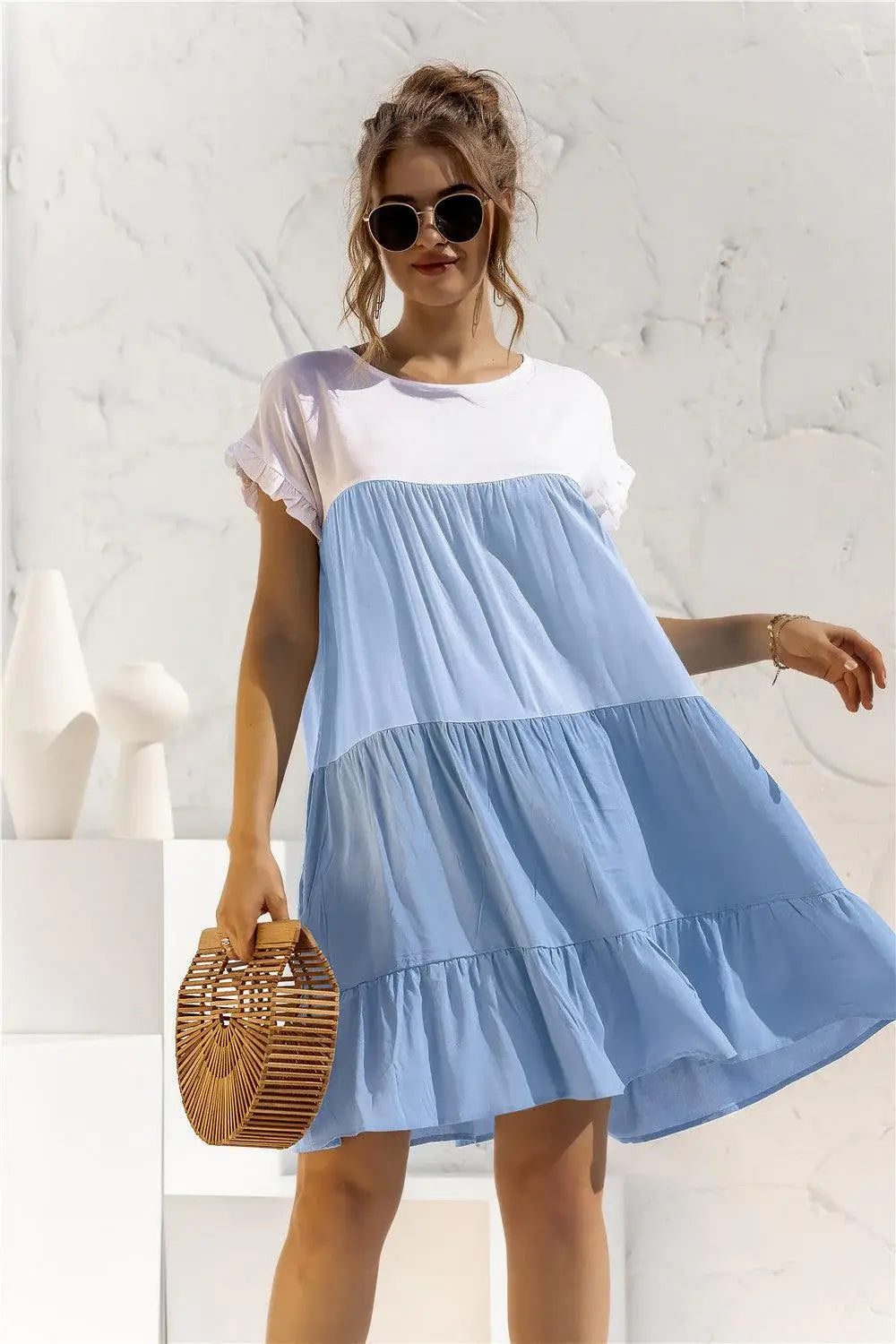Color Block Round Neck Ruffle Hem Dress - Trendsi - Flyclothing LLC