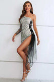 Zebra Print Rhinestone Slit Single Shoulder Dress - Trendsi - Flyclothing LLC