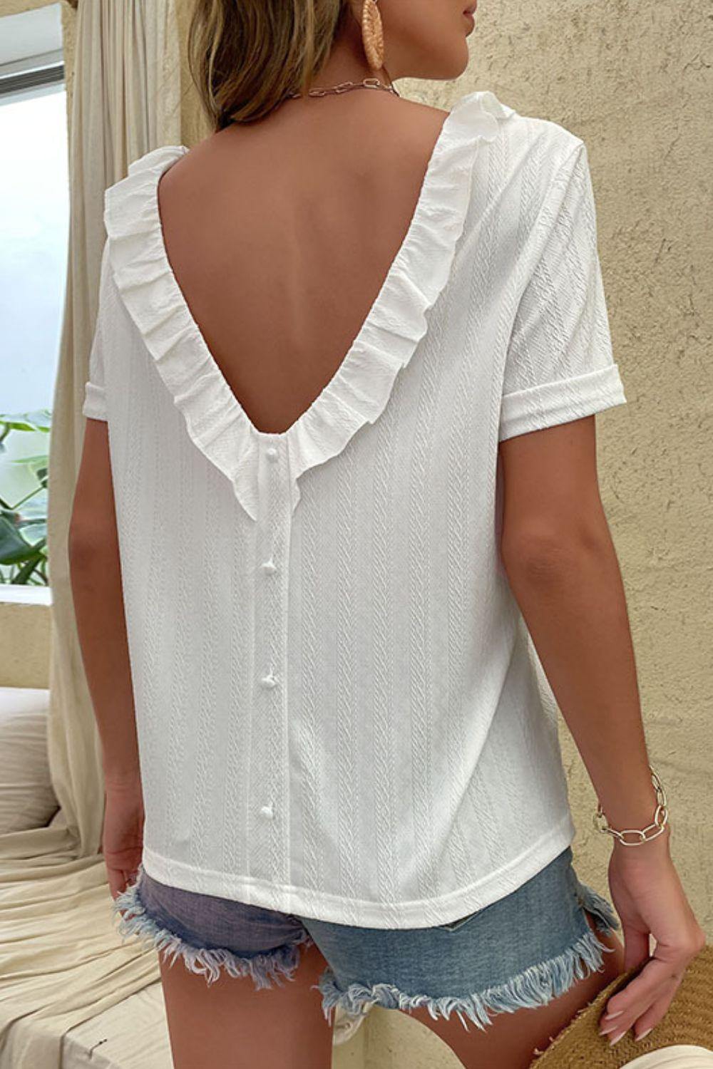 Round Neck Ruffled Short Sleeve Blouse - Trendsi