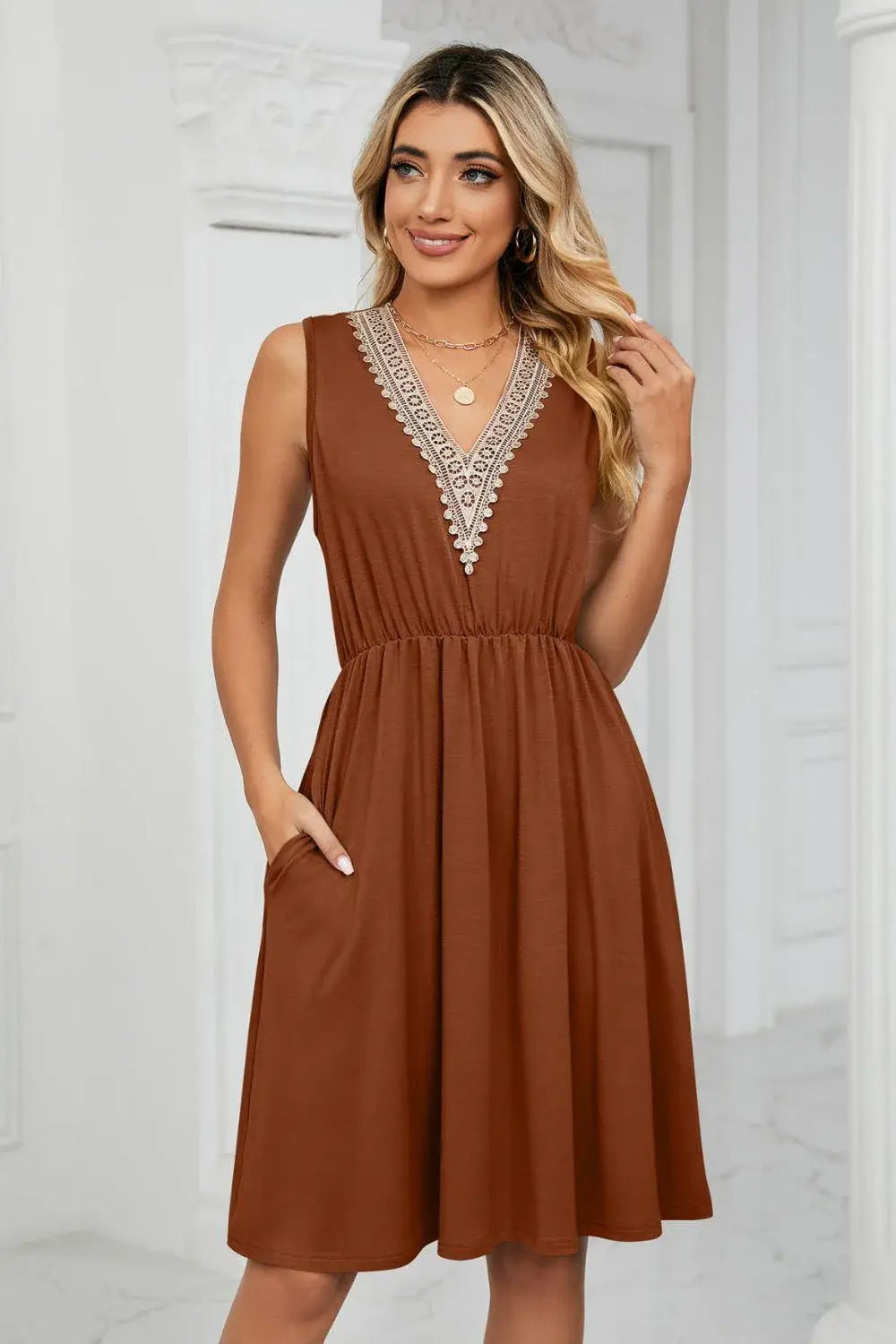 Contrast V-Neck Sleeveless Dress - Trendsi - Flyclothing LLC