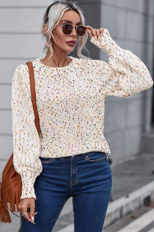 Heathered Round Neck Lantern Sleeve Sweater - Trendsi - Flyclothing LLC