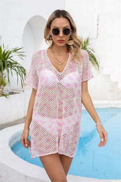 Openwork V-Neck Short Sleeve Cover Up - Trendsi - Flyclothing LLC