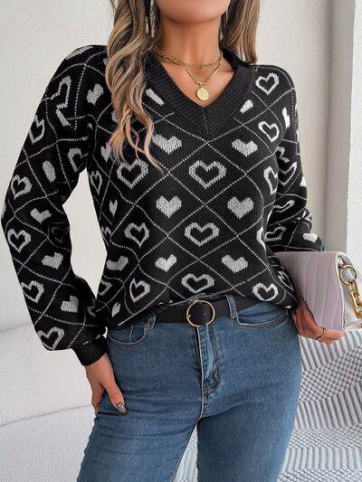 Heart Pattern V-Neck Long Sleeve Sweater - Trendsi