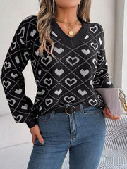 Heart Pattern V-Neck Long Sleeve Sweater - Trendsi