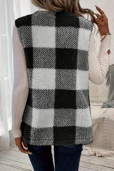 Sherpa Plaid Open Front Vest Coat - Trendsi - Flyclothing LLC