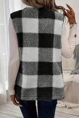 Sherpa Plaid Open Front Vest Coat - Trendsi - Flyclothing LLC