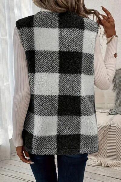 Sherpa Plaid Open Front Vest Coat - Flyclothing LLC