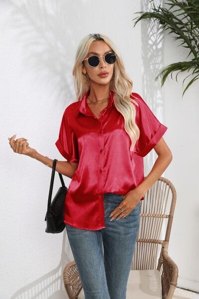 Collared Neck Short Sleeve Shirt - Trendsi