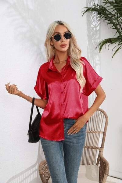 Collared Neck Short Sleeve Shirt - Trendsi - Flyclothing LLC