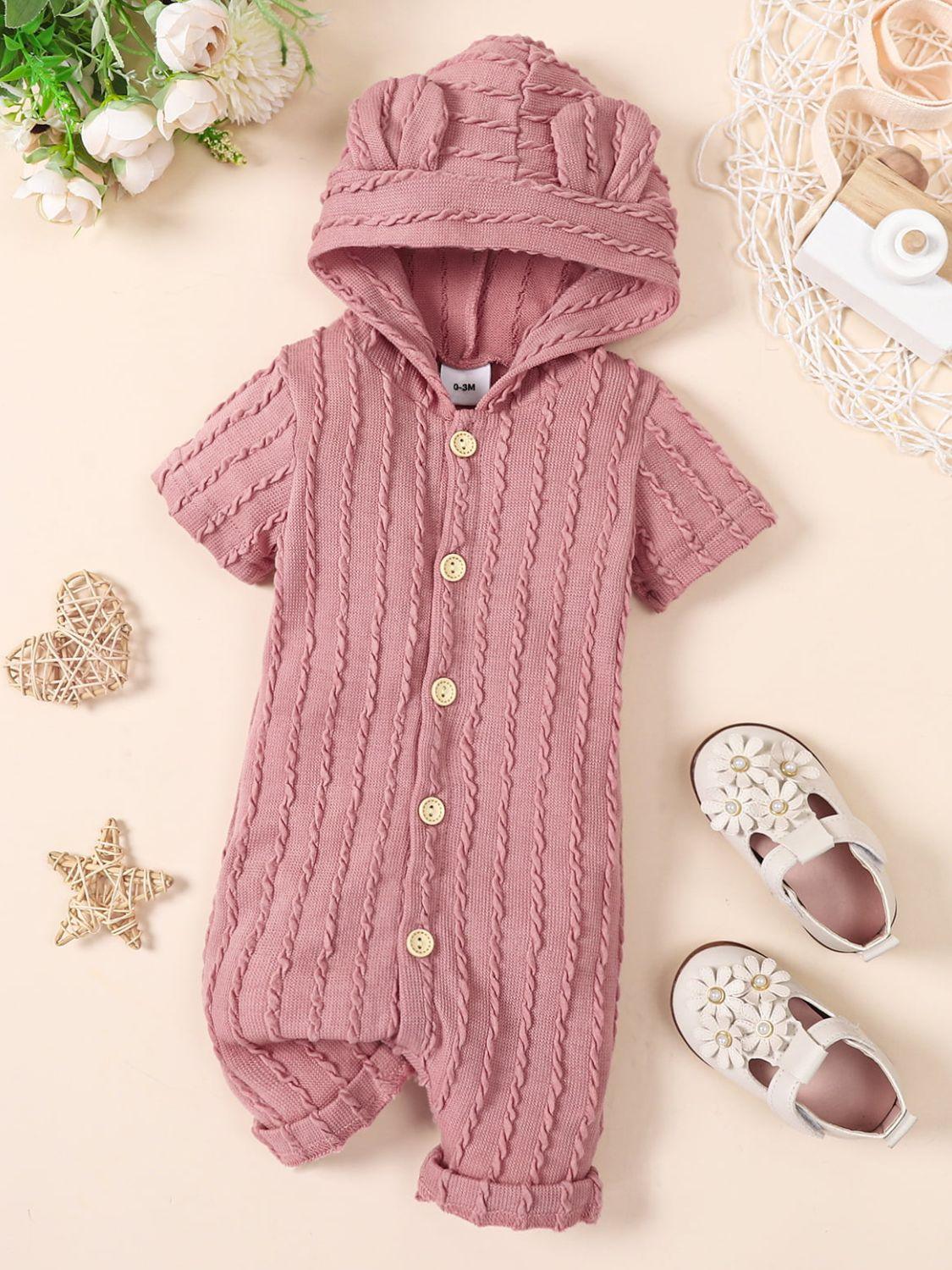 Baby Textured Button Front Hooded Jumpsuit with Ears - Flyclothing LLC