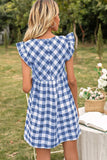 Plaid Butterfly Sleeve Deep V Dress - Trendsi - Flyclothing LLC