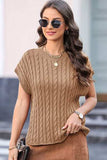 Cable-Knit Round Neck Cap Sleeve Sweater - Trendsi - Flyclothing LLC